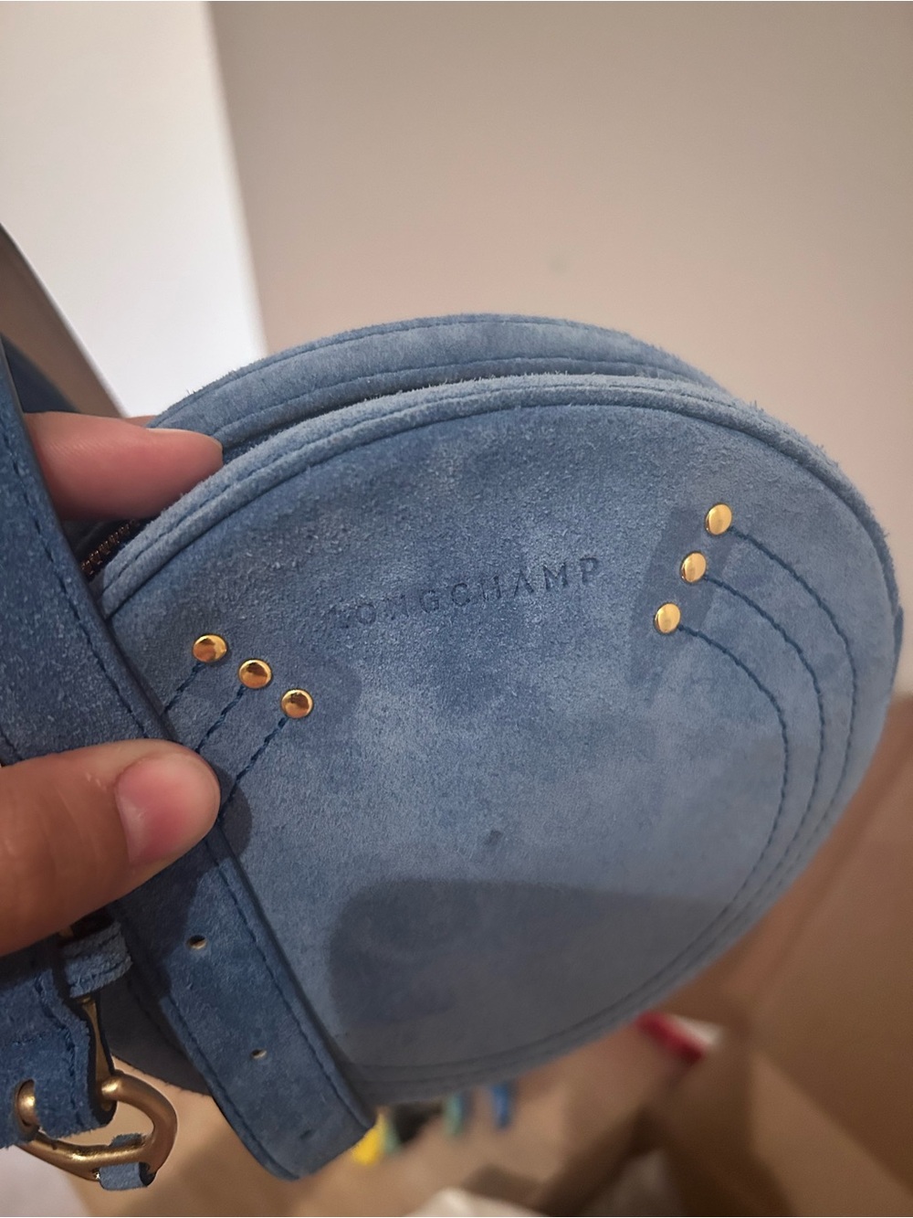 Longchamp Suede Round bum Bag in Blue with Gold Studs